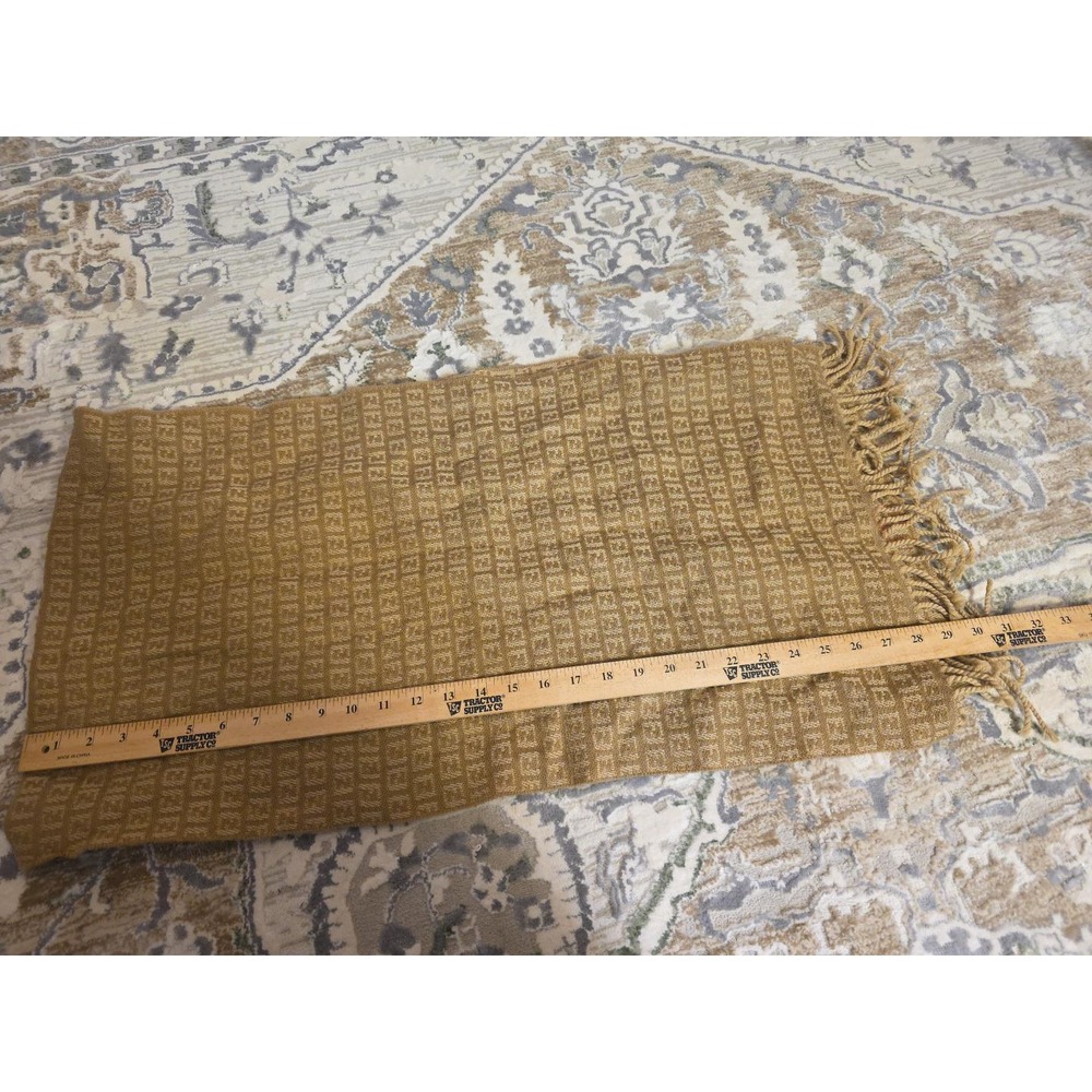 Fendi Zucca Monogram Scarf Tan Beige FF Logo Fringe Trim Rectangle Luxury Scarf - Picture 6 of 16